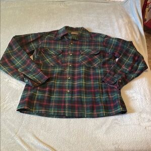 Pendleton Green Plaid Wool Shirt with Red, Blue & Yellow Accents HOLE FLAWED